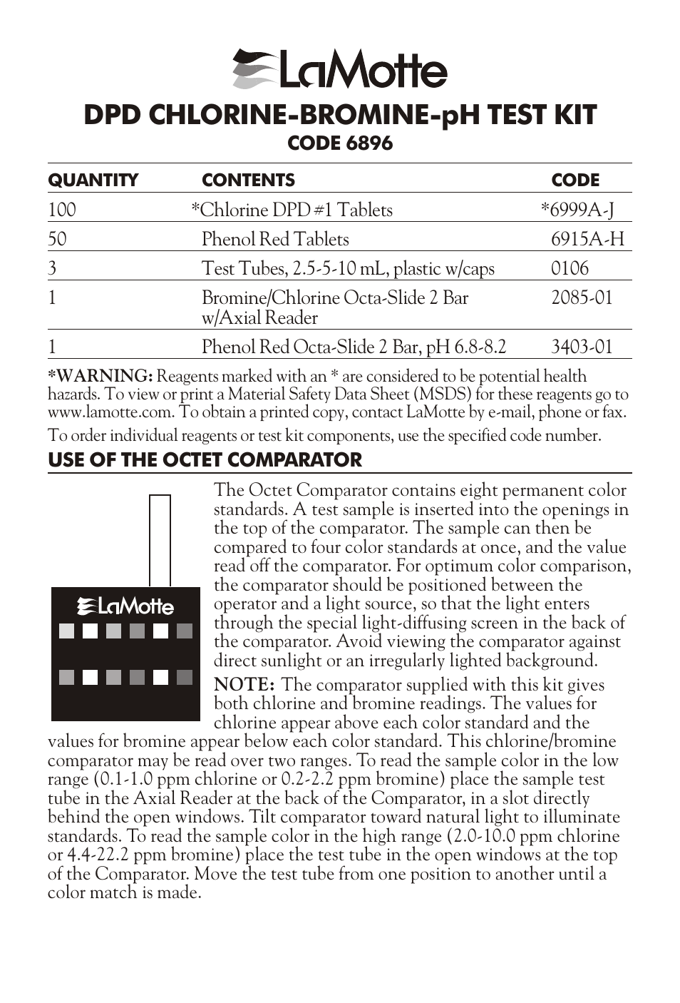 LaMotte DPD CHLORINE-BROMINE-pH TEST KIT User Manual | 2 pages