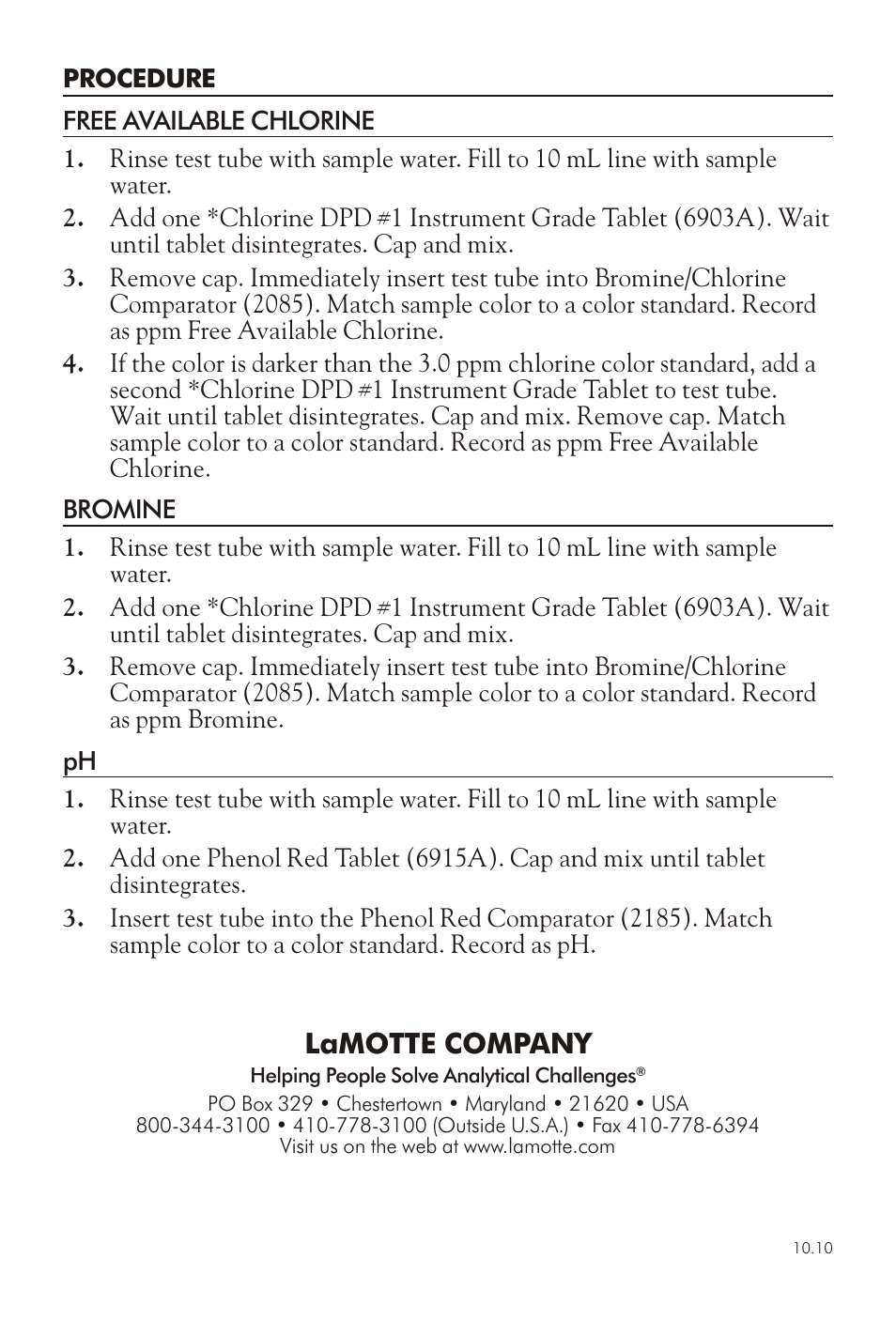 Lamotte com pany | LaMotte DPD CHLORINE-BROMINE-pH TEST KIT User Manual | Page 2 / 2