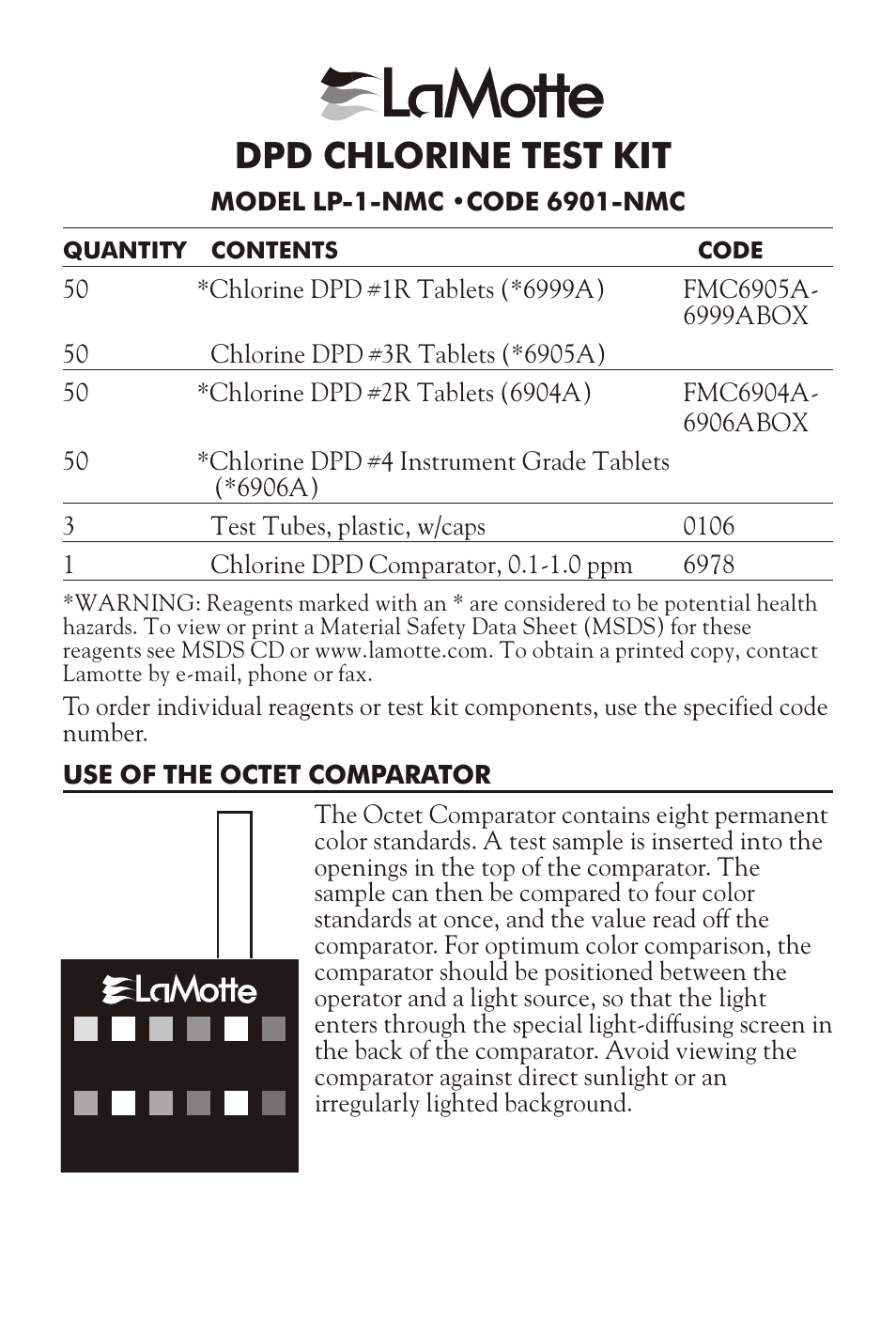 LaMotte DPD CHLORINE TEST KIT LP-1-NMC User Manual | 4 pages