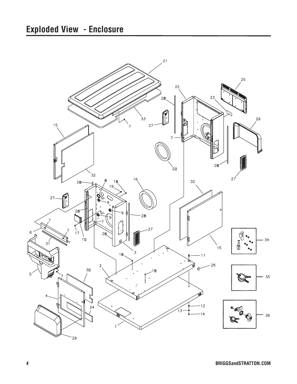 Exploded view - enclosure | Briggs & Stratton 040228-1 User Manual | Page 4 / 7