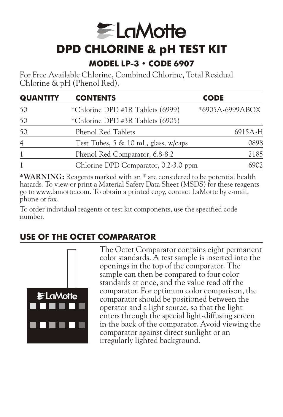 LaMotte DPD CHLORINE & pH TEST KIT LP-3 User Manual | 2 pages