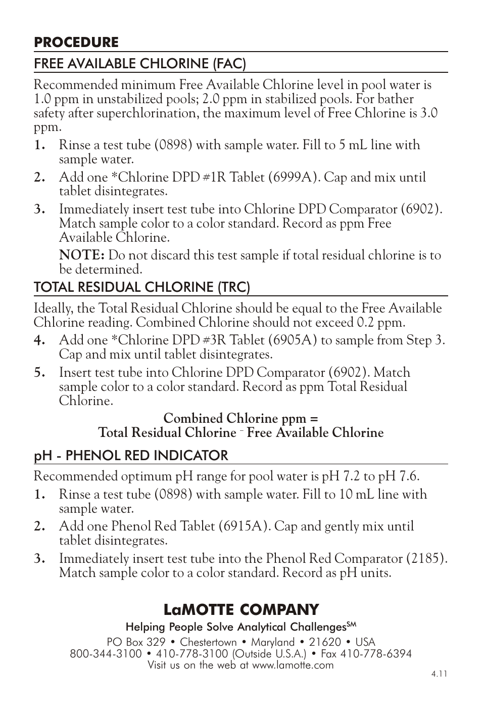 Lamotte com pany | LaMotte DPD CHLORINE & pH TEST KIT LP-3 User Manual | Page 2 / 2