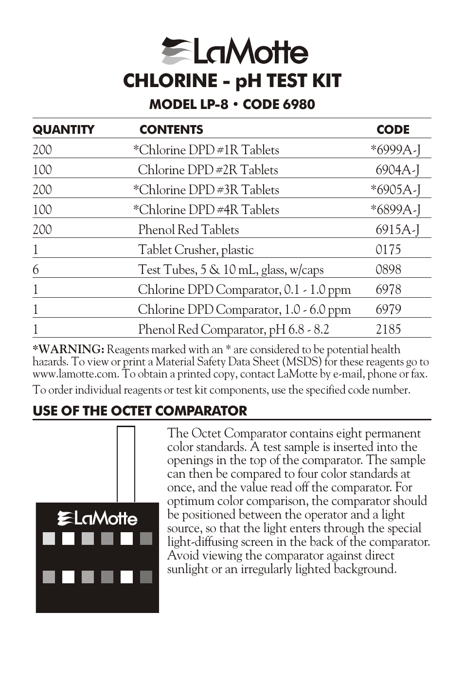 LaMotte CHLORINE - pH TEST KIT LP-8 User Manual | 4 pages