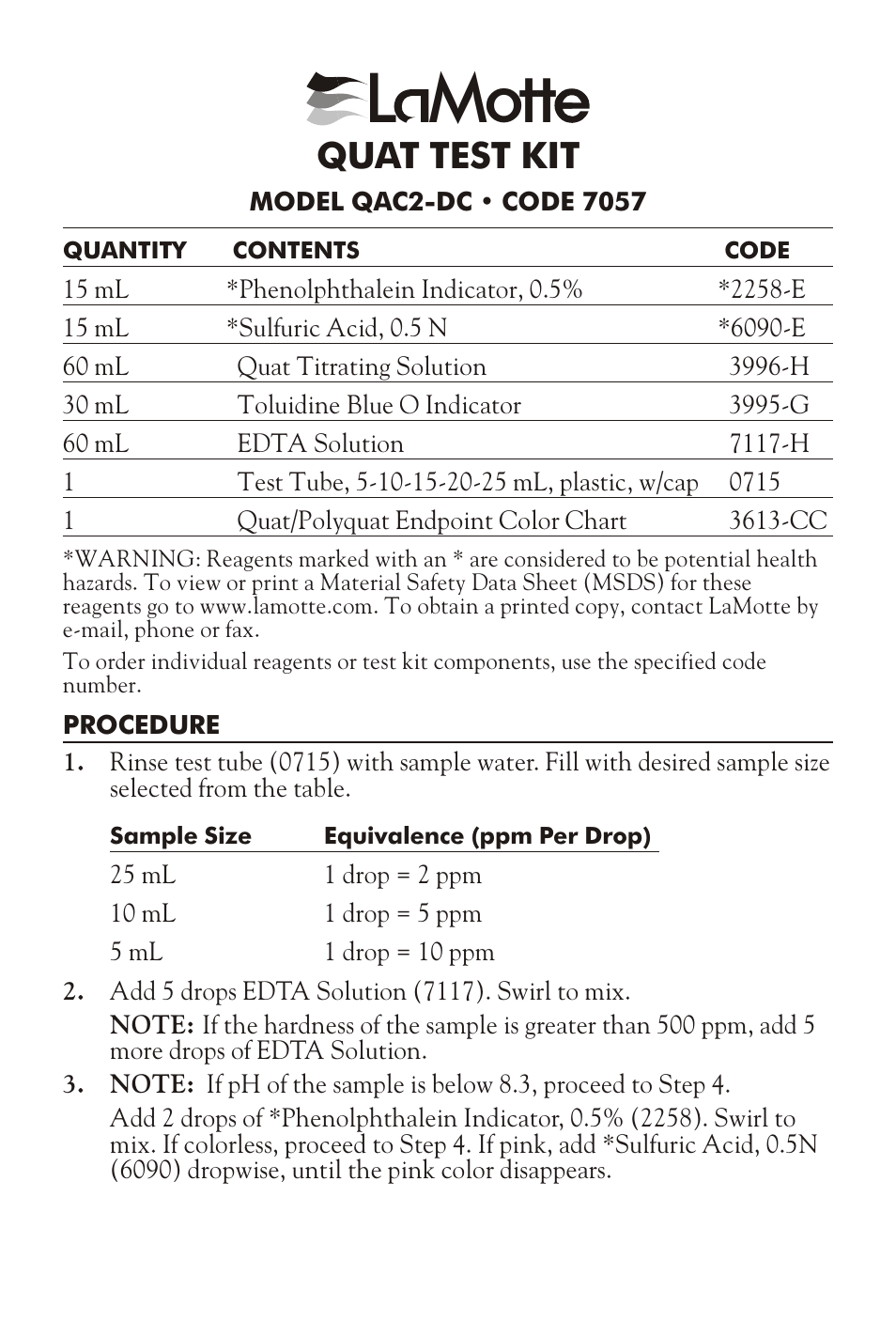 LaMotte QUAT TEST KIT QAC2-DC User Manual | 2 pages