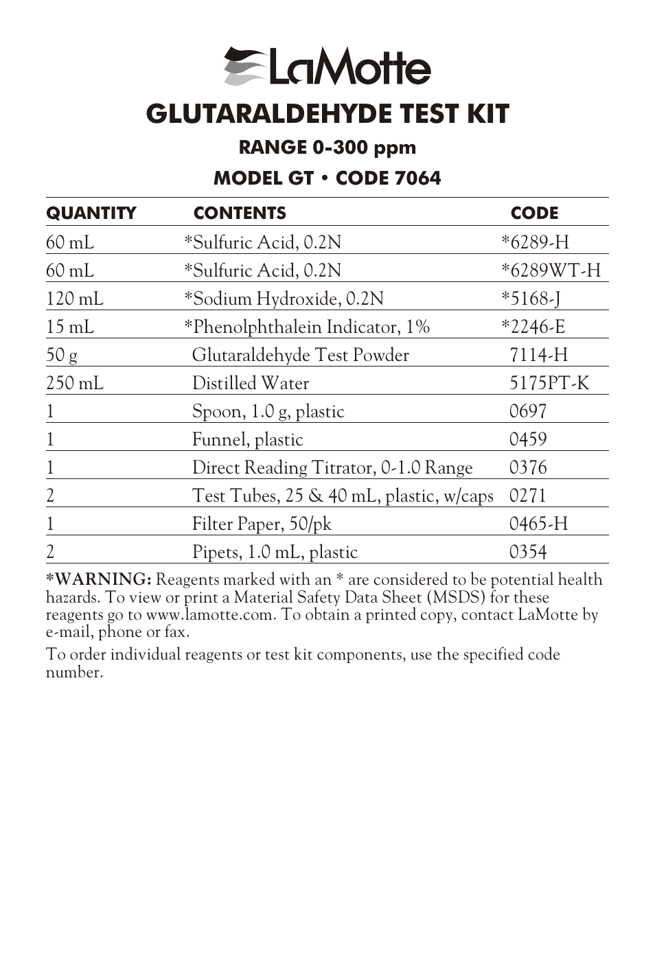 LaMotte GLUTARALDEHYDE TEST KIT GT User Manual | 4 pages