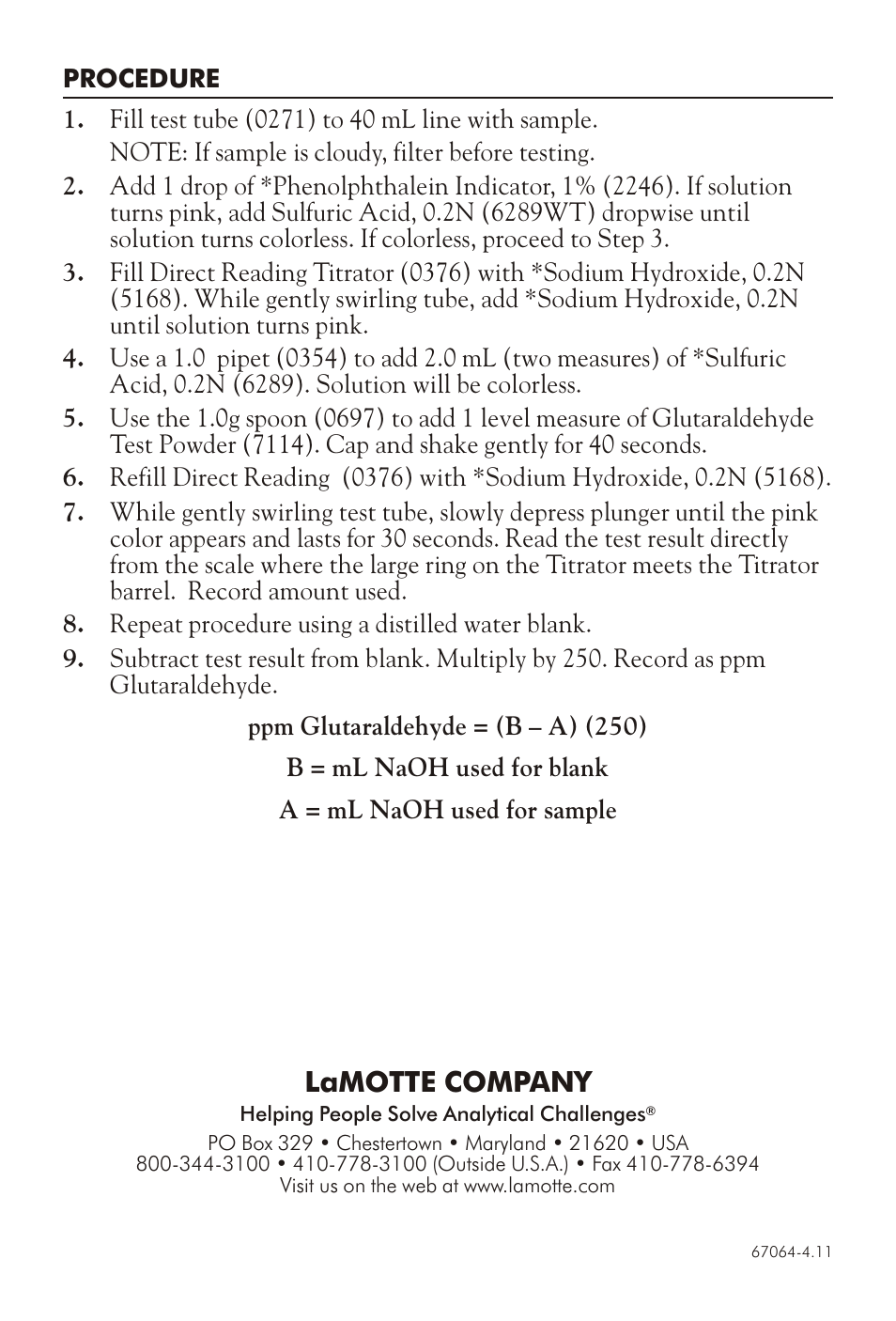 Lamotte com pany | LaMotte GLUTARALDEHYDE TEST KIT GT User Manual | Page 2 / 4