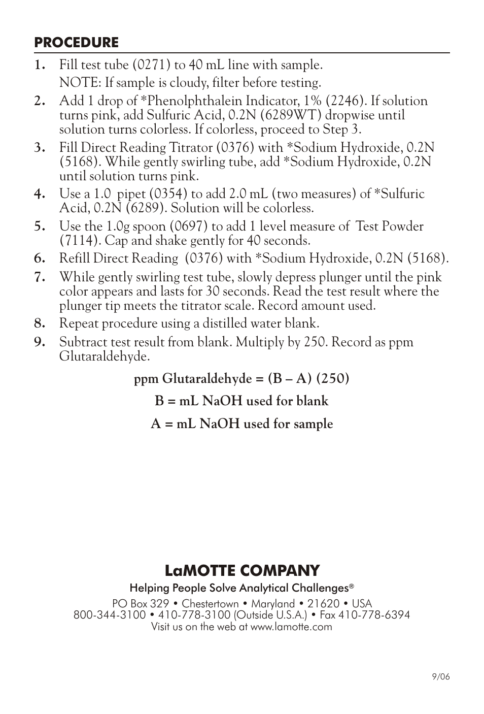 Lamotte com pany | LaMotte GLUTARALDEHYDE TEST KIT GT User Manual | Page 4 / 4