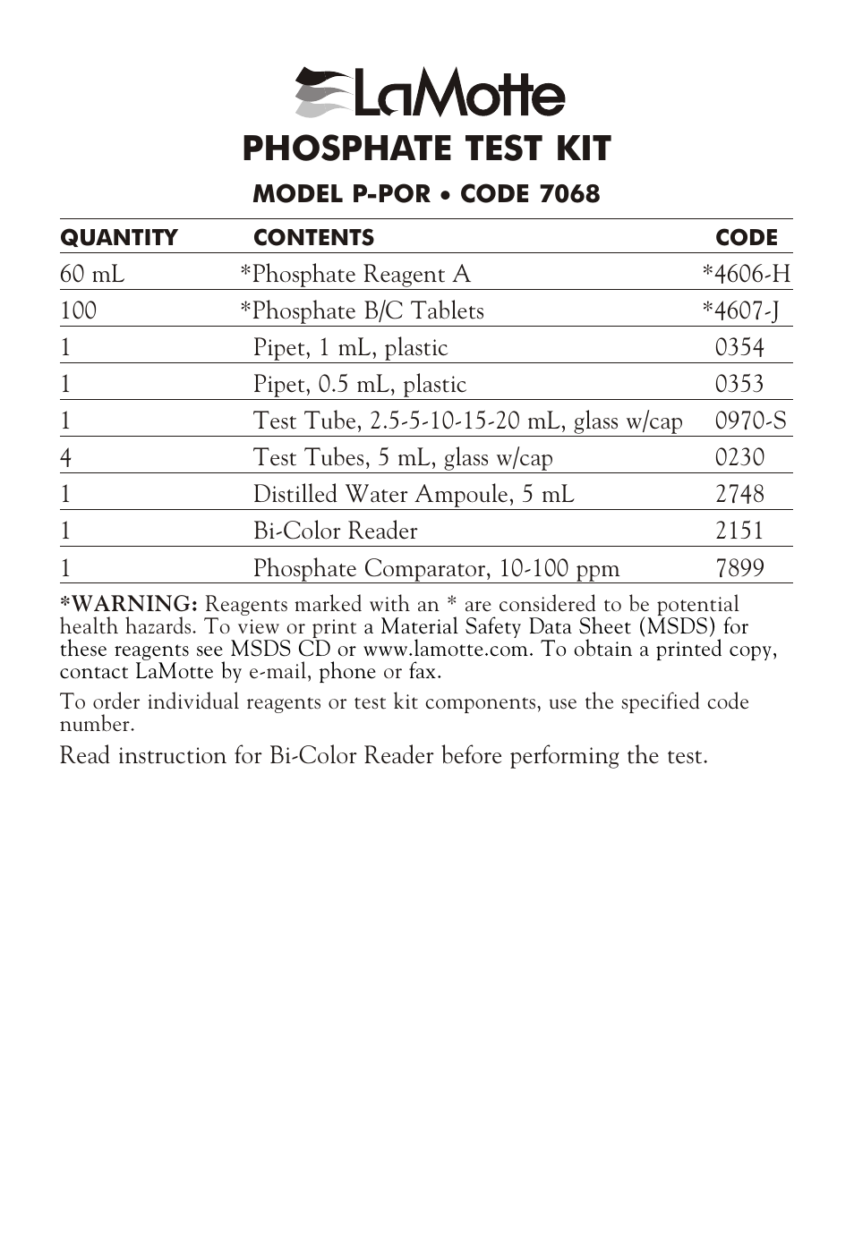 LaMotte PHOSPHATE TEST KIT P-POR User Manual | 2 pages