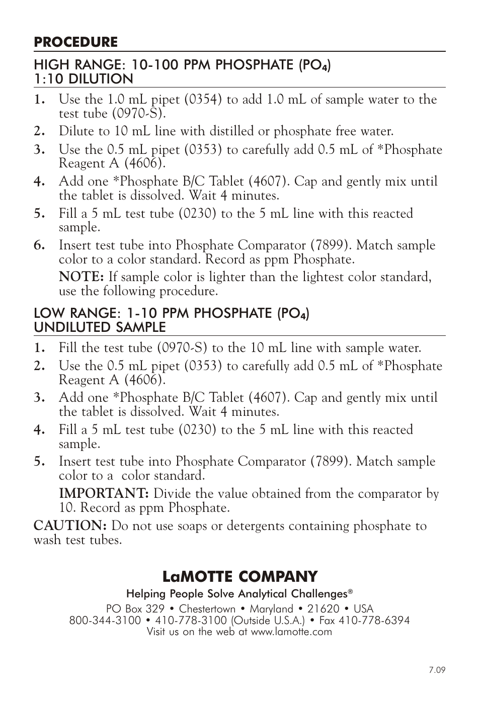 Lamotte com pany | LaMotte PHOSPHATE TEST KIT P-POR User Manual | Page 2 / 2