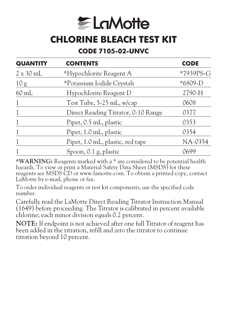 LaMotte CHLORINE BLEACH TEST KIT 7105-02-UNVC User Manual | 2 pages