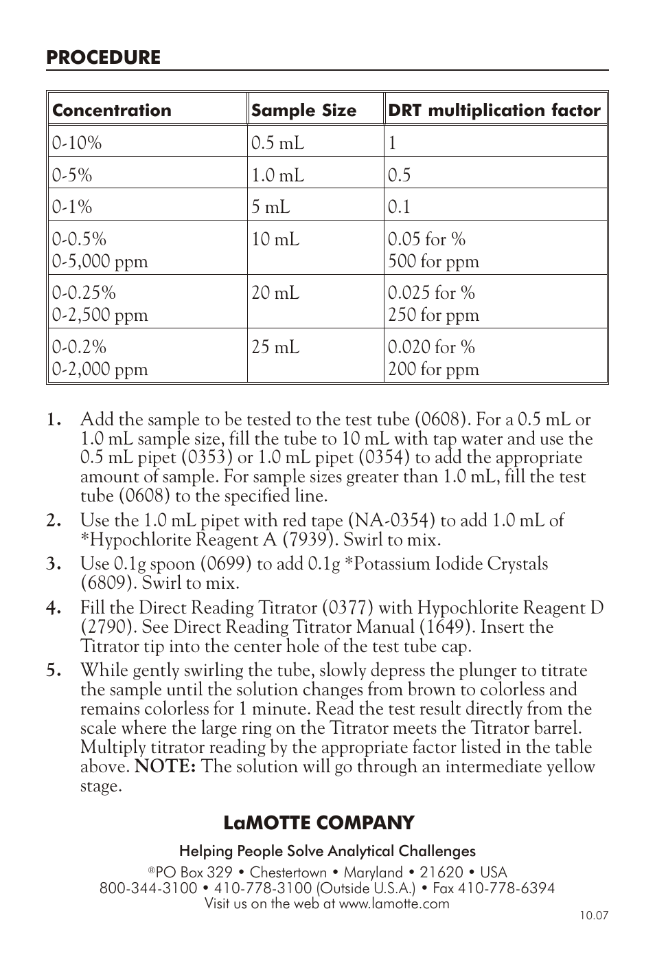 LaMotte CHLORINE BLEACH TEST KIT 7105-02-UNVC User Manual | Page 2 / 2
