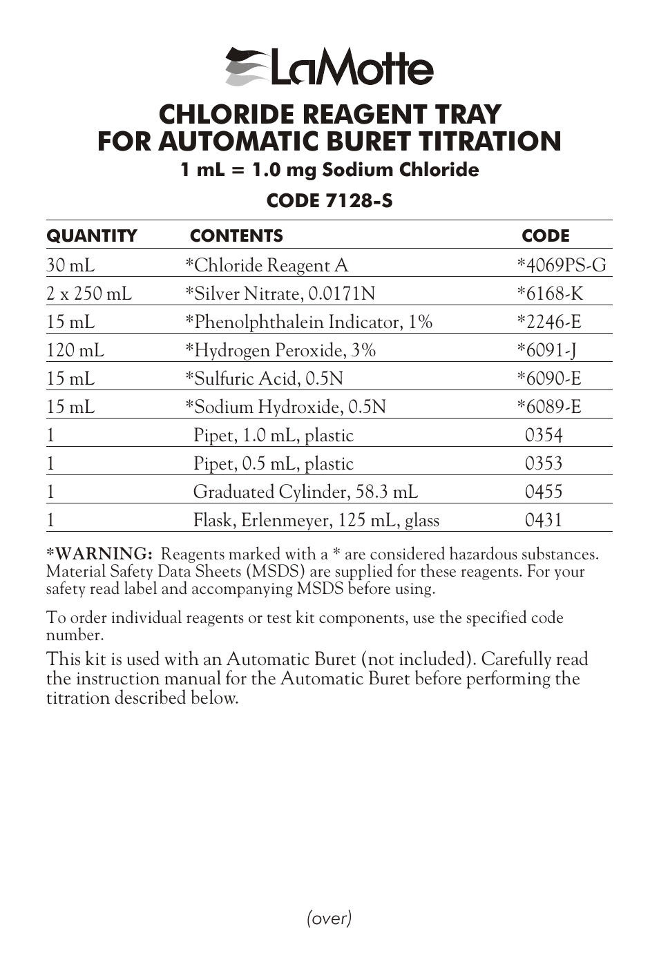 LaMotte CHLORIDE REAGENT TRAY FOR AUTOMATIC BURET TITRA TION User Manual | 4 pages