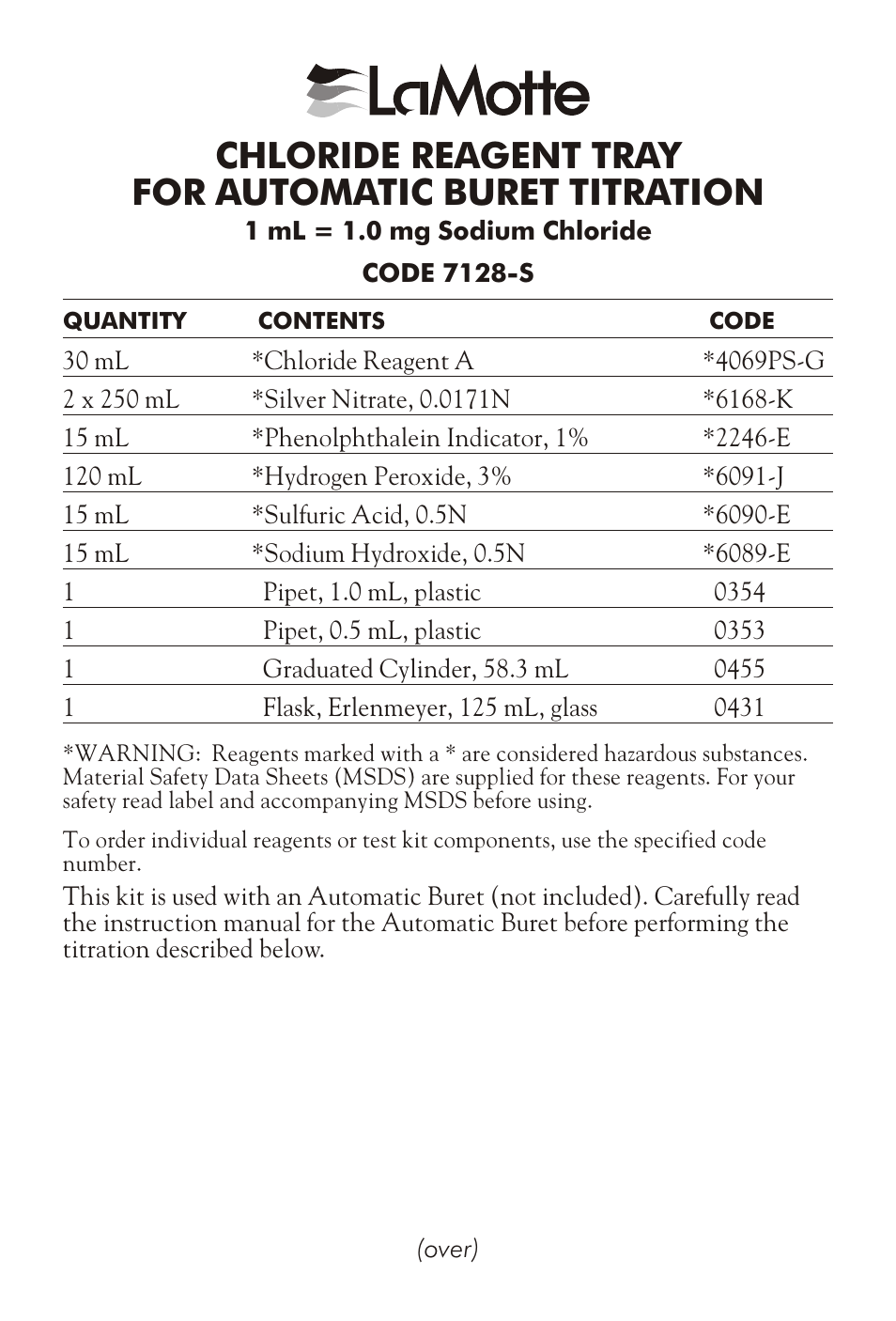LaMotte CHLORIDE REAGENT TRAY FOR AUTOMATIC BURET TITRA TION User Manual | Page 3 / 4