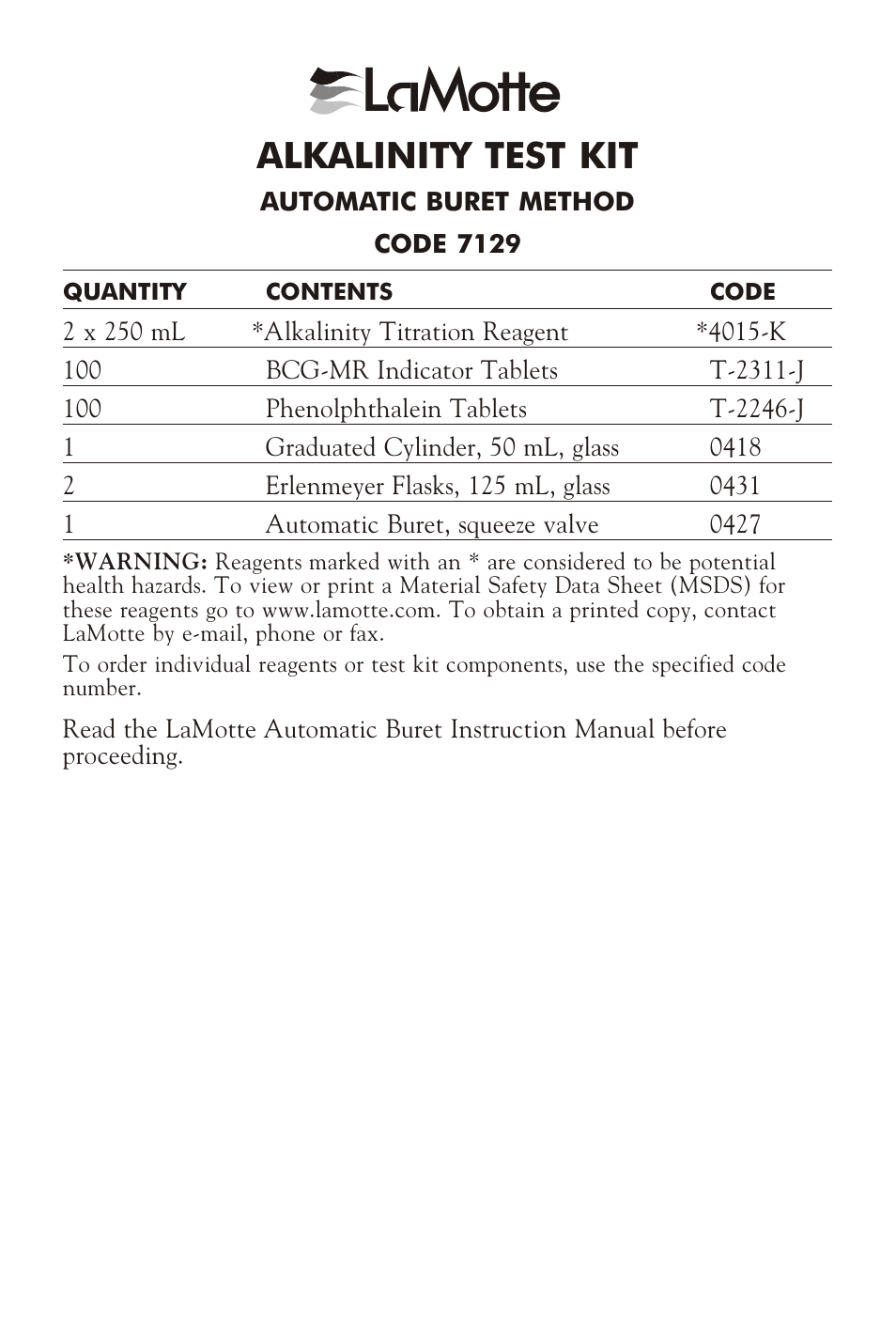 LaMotte ALKALINITY TEST KIT AB-TAO User Manual | 4 pages