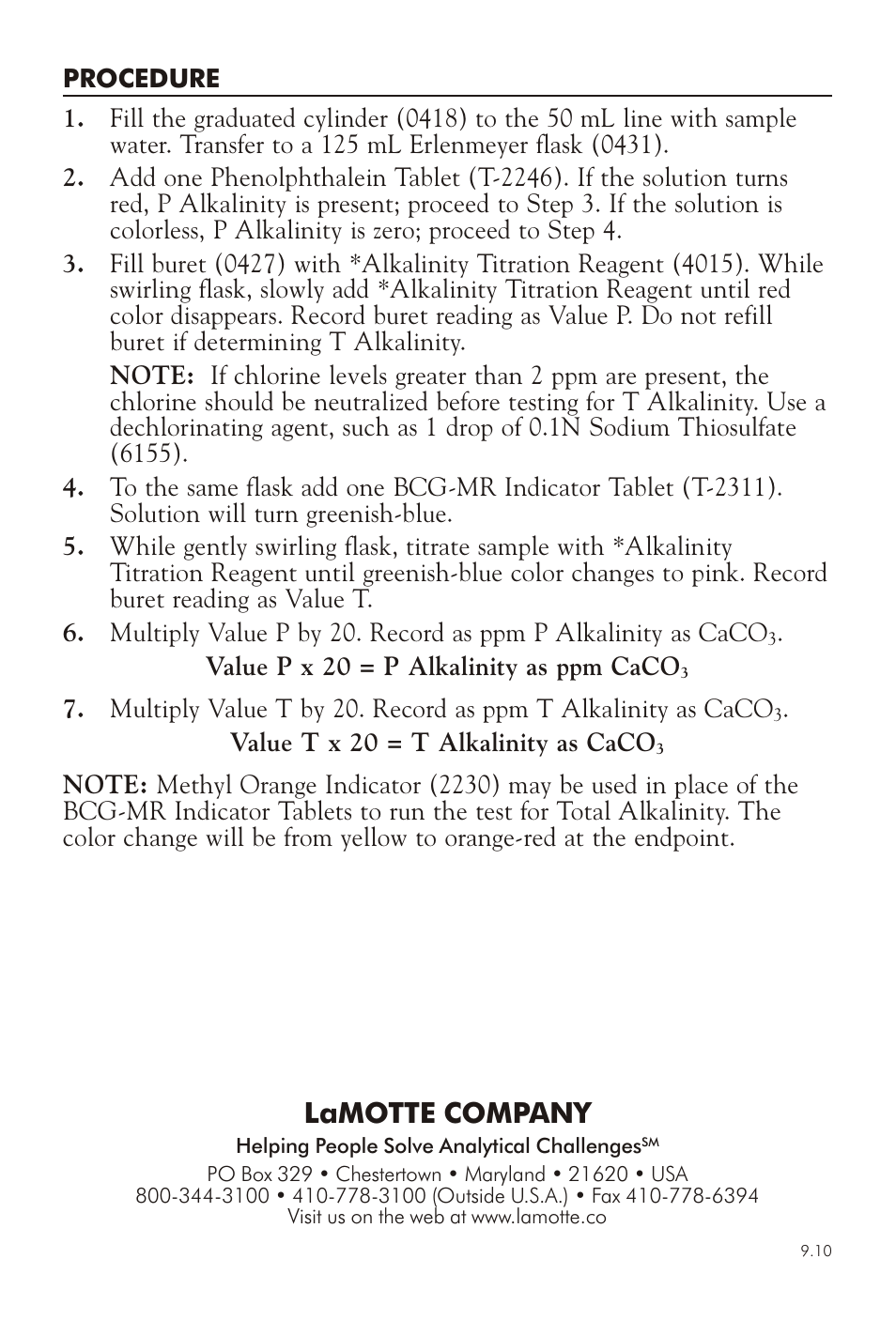 Lamotte com pany | LaMotte ALKALINITY TEST KIT AB-TAO User Manual | Page 2 / 4