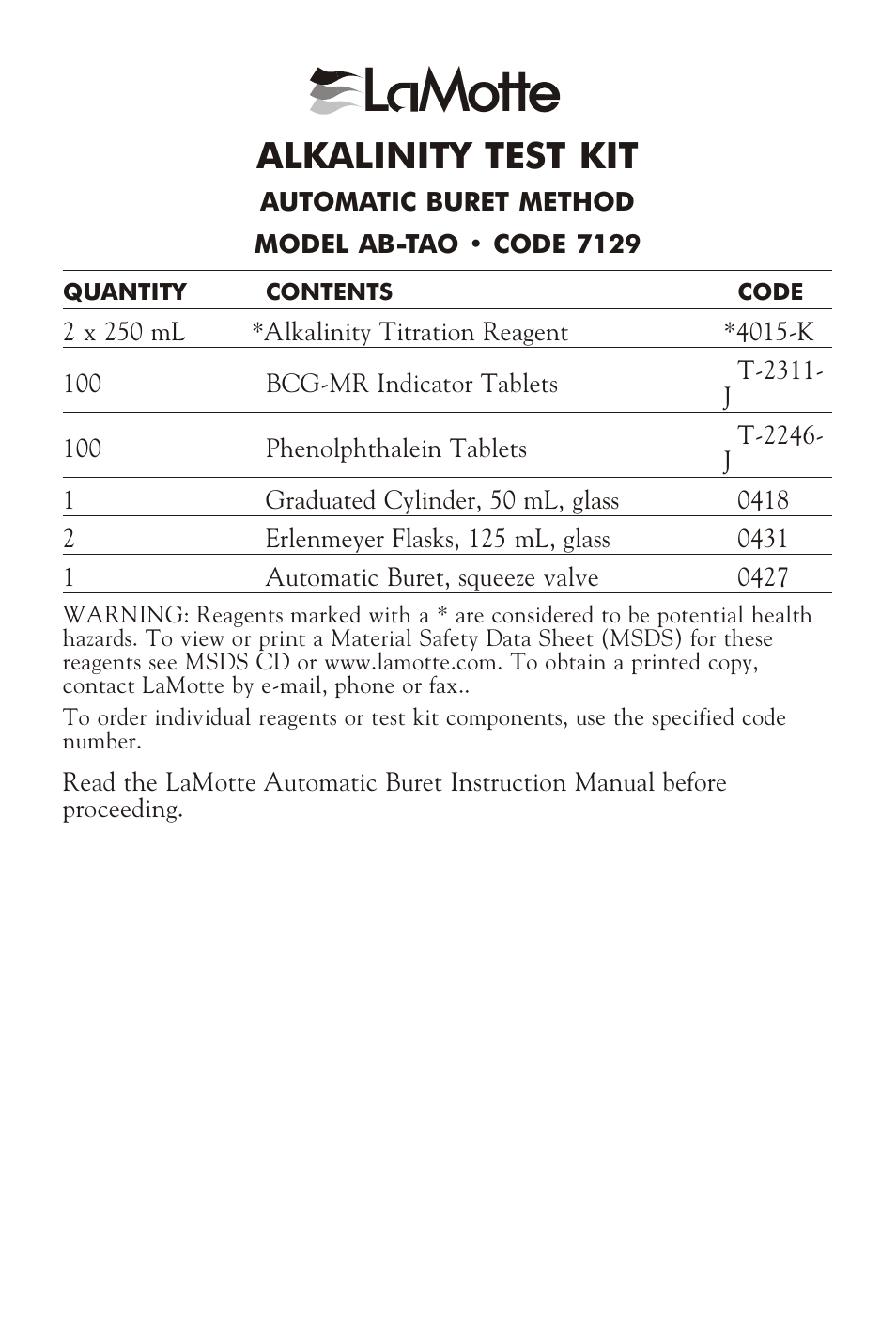 L mott, Alkalinity test kit | LaMotte ALKALINITY TEST KIT AB-TAO User Manual | Page 3 / 4