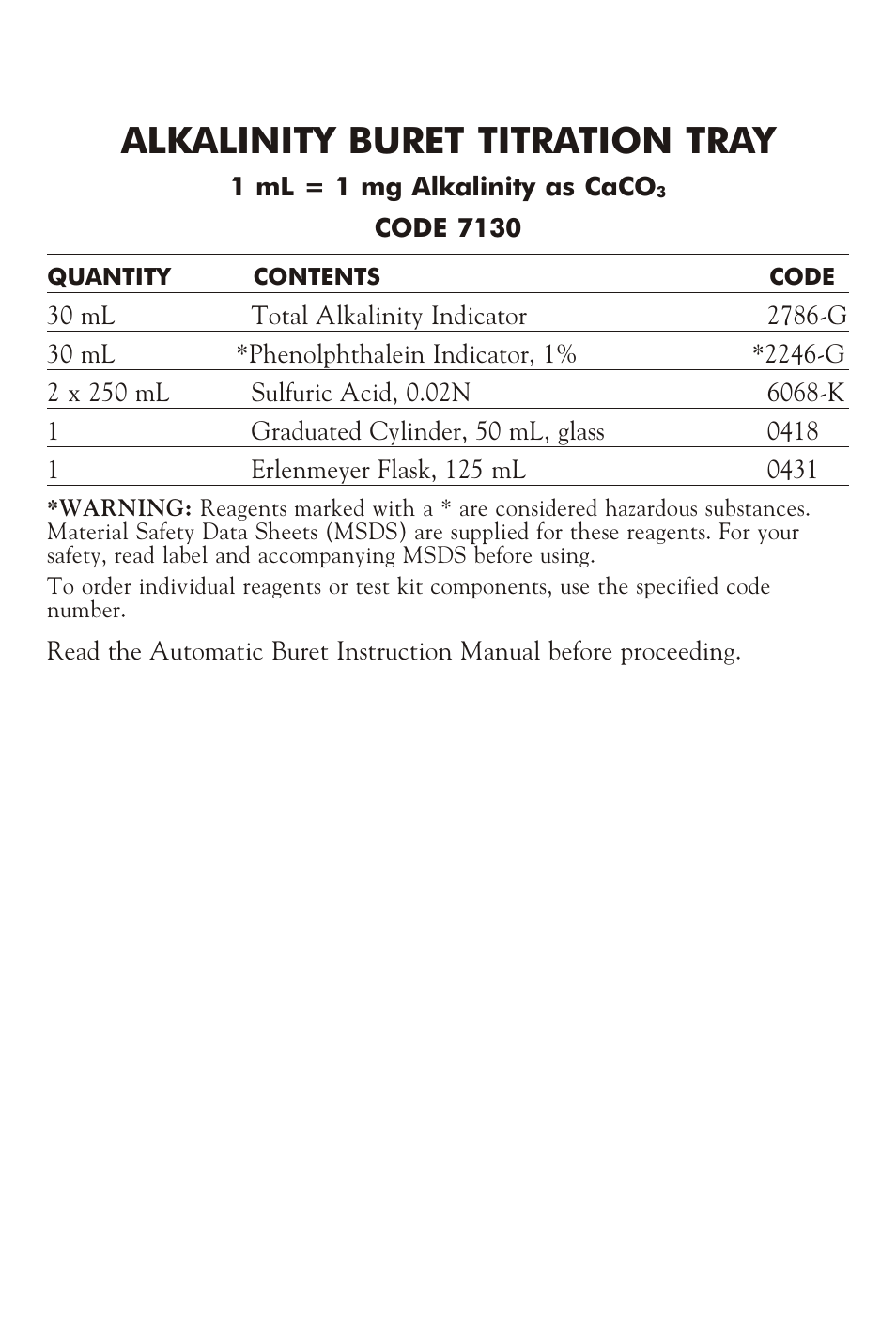 LaMotte ALKALINITY BURET TITRA TION TRAY User Manual | 4 pages