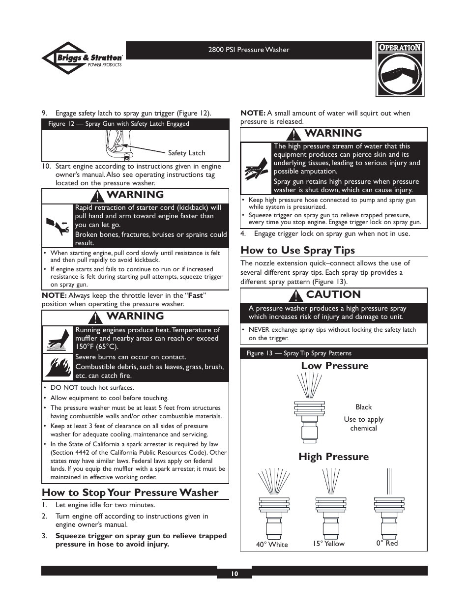 How to stop your pressure washer, How to use spray tips, Low pressure high pressure | Caution, Warning | Briggs & Stratton Elite 01937 User Manual | Page 10 / 36