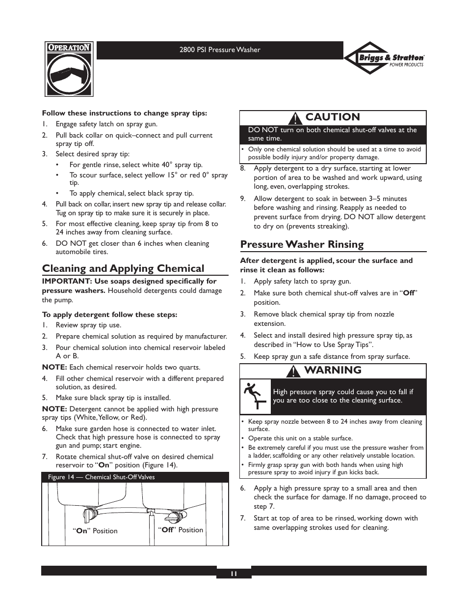 Cleaning and applying chemical, Pressure washer rinsing, Warning | Caution | Briggs & Stratton Elite 01937 User Manual | Page 11 / 36