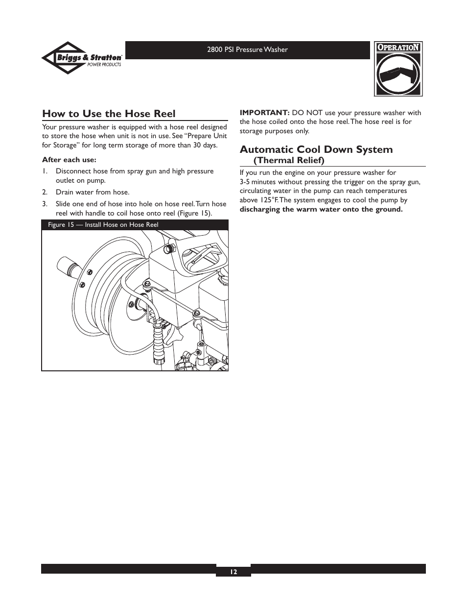 How to use the hose reel, Automatic cool down system | Briggs & Stratton Elite 01937 User Manual | Page 12 / 36