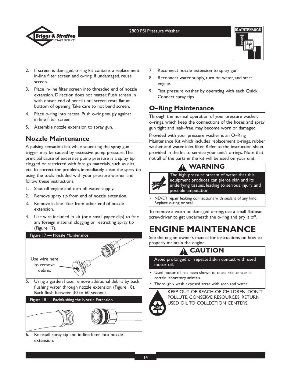Engine maintenance, Nozzle maintenance, O–ring maintenance | Caution, Warning | Briggs & Stratton Elite 01937 User Manual | Page 14 / 36