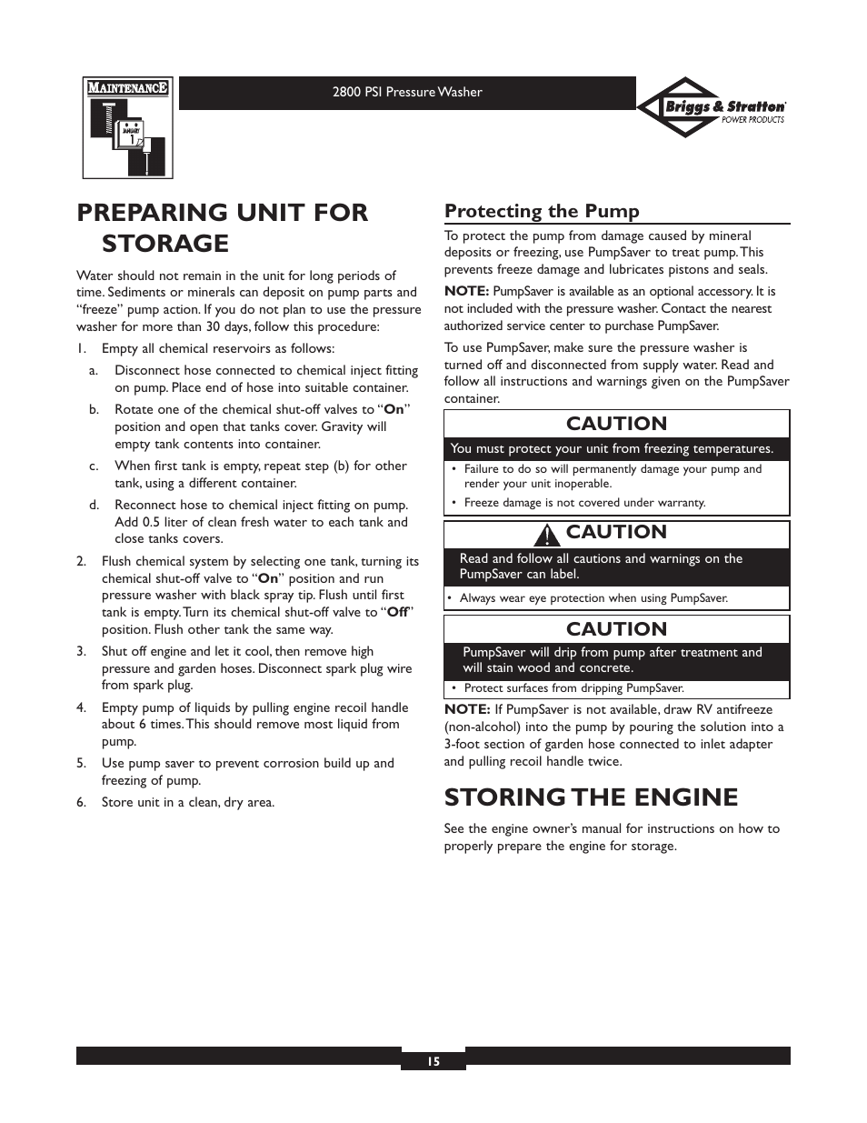 Preparing unit for storage, Storing the engine, Protecting the pump | Caution | Briggs & Stratton Elite 01937 User Manual | Page 15 / 36