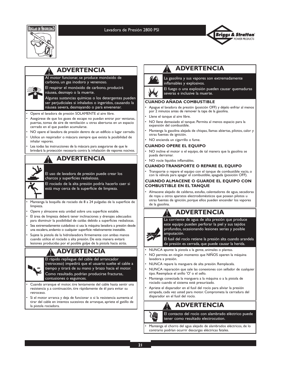 Advertencia | Briggs & Stratton Elite 01937 User Manual | Page 21 / 36