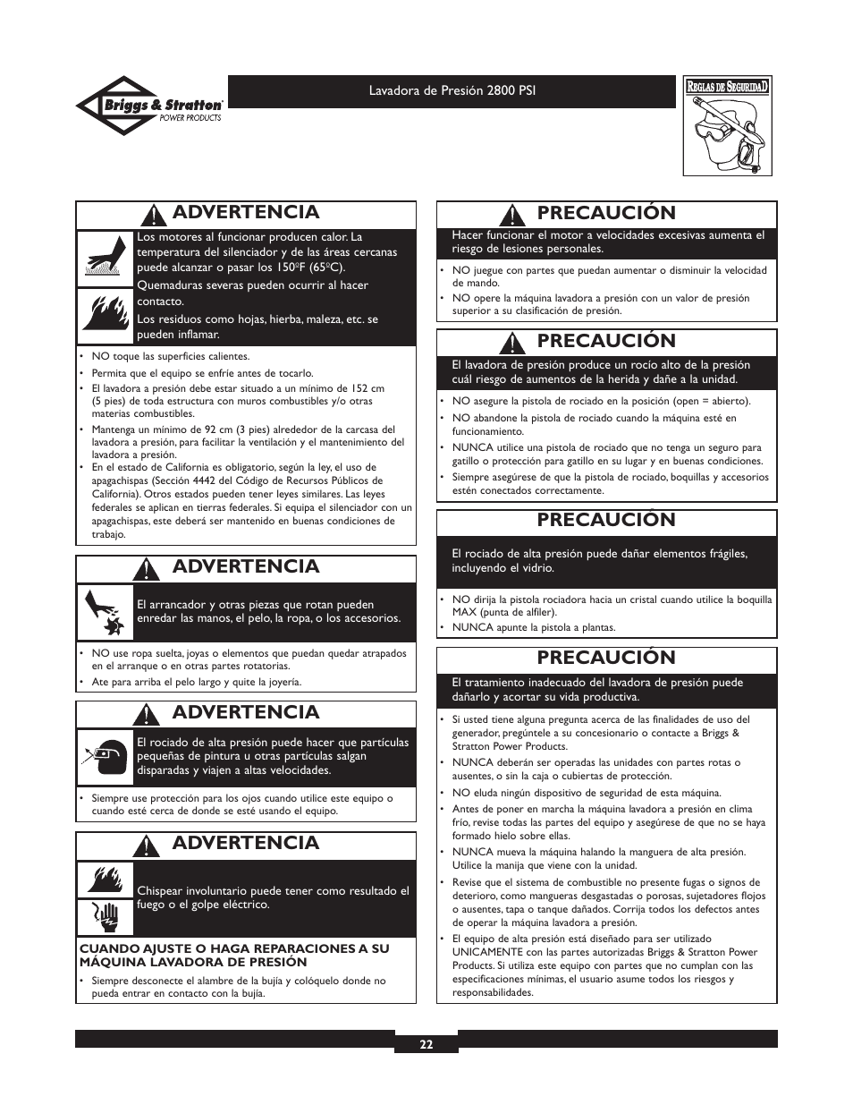 Precaución, Advertencia | Briggs & Stratton Elite 01937 User Manual | Page 22 / 36