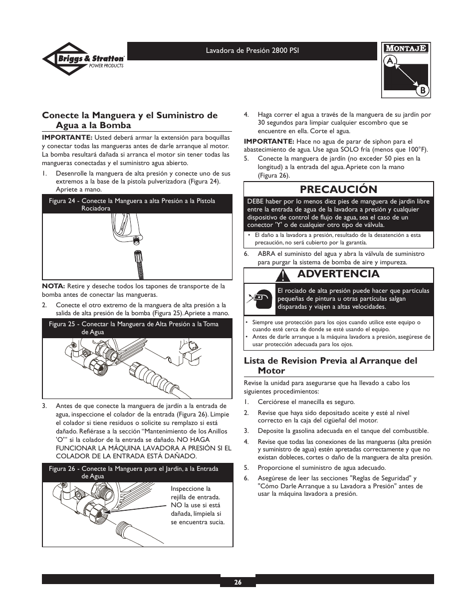 Precaución, Advertencia, Lista de revision previa al arranque del motor | Briggs & Stratton Elite 01937 User Manual | Page 26 / 36