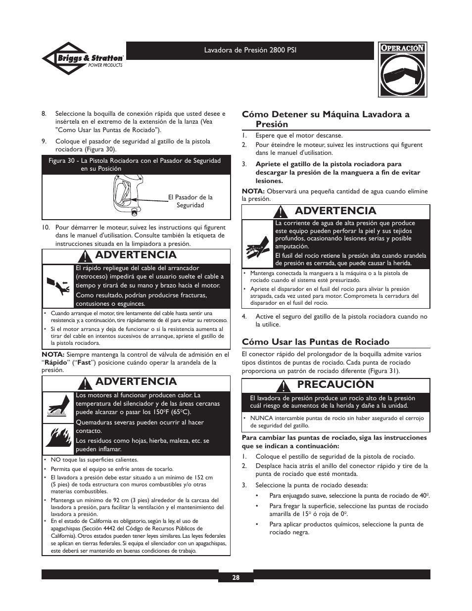 Precaución, Advertencia, Cómo detener su máquina lavadora a presión | Cómo usar las puntas de rociado | Briggs & Stratton Elite 01937 User Manual | Page 28 / 36