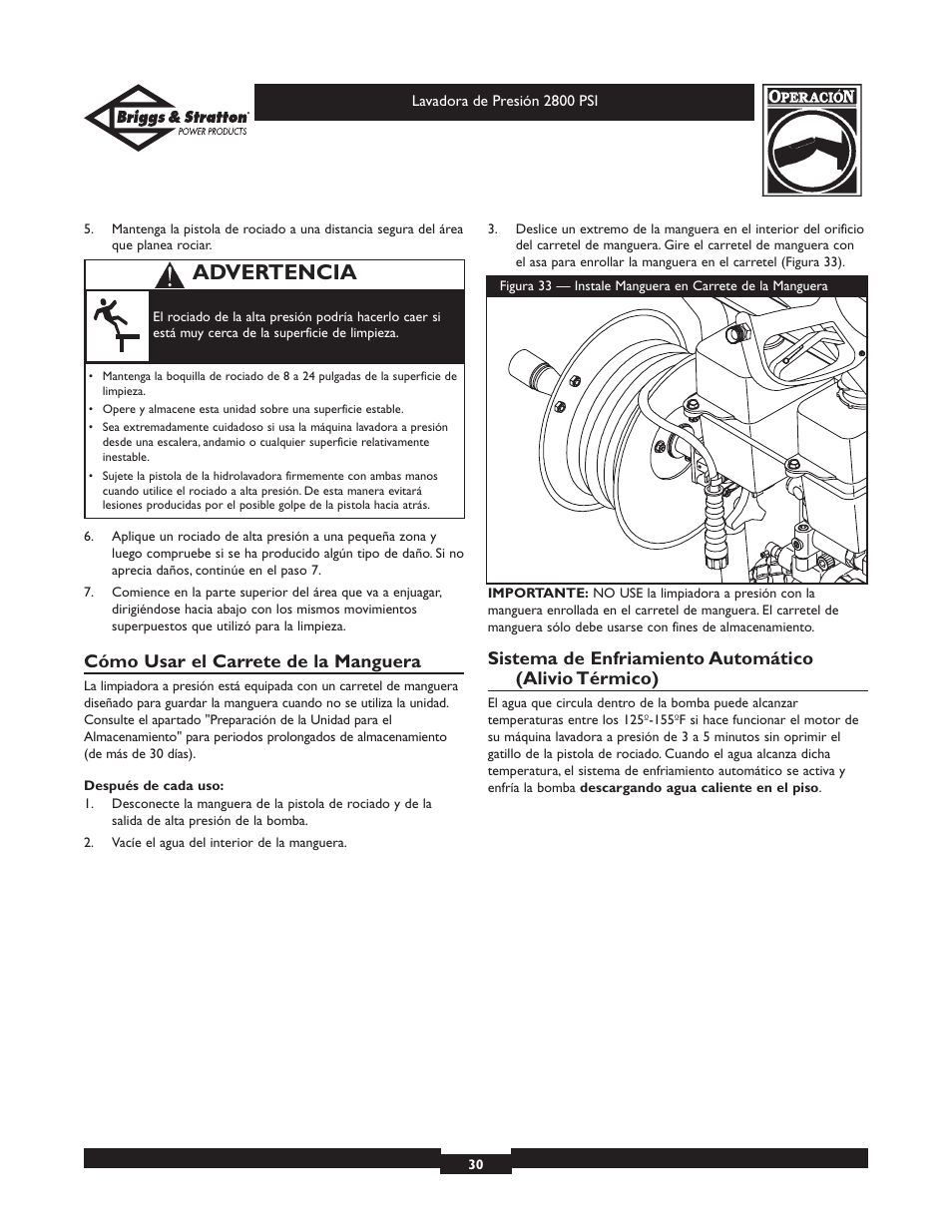Advertencia, Cómo usar el carrete de la manguera | Briggs & Stratton Elite 01937 User Manual | Page 30 / 36