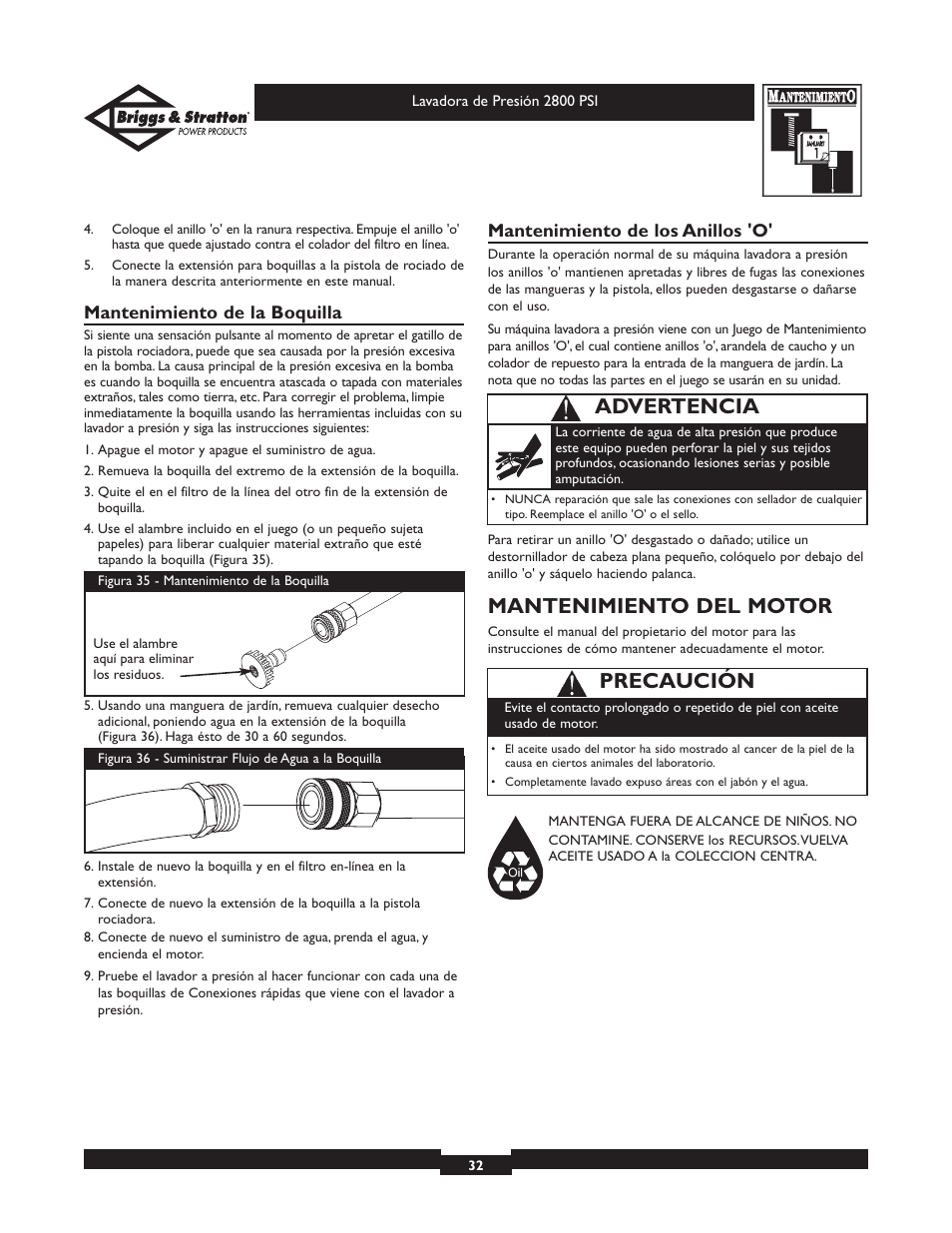 Mantenimiento del motor, Advertencia, Precaución | Mantenimiento de la boquilla, Mantenimiento de los anillos 'o | Briggs & Stratton Elite 01937 User Manual | Page 32 / 36