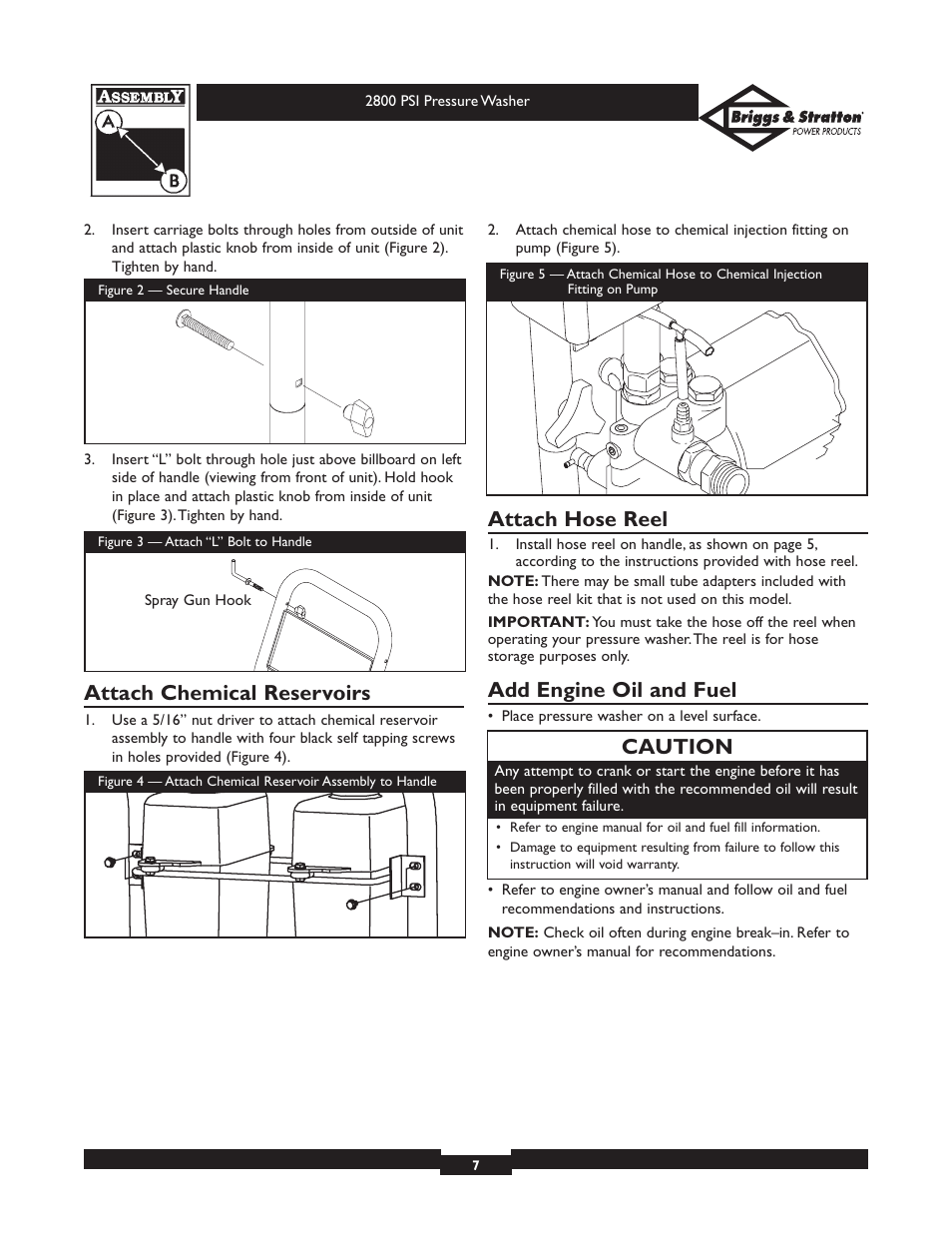 Attach chemical reservoirs, Attach hose reel, Add engine oil and fuel | Caution | Briggs & Stratton Elite 01937 User Manual | Page 7 / 36