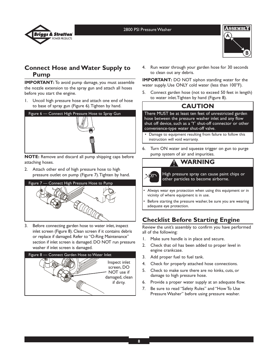 Connect hose and water supply to pump, Checklist before starting engine, Caution | Warning | Briggs & Stratton Elite 01937 User Manual | Page 8 / 36