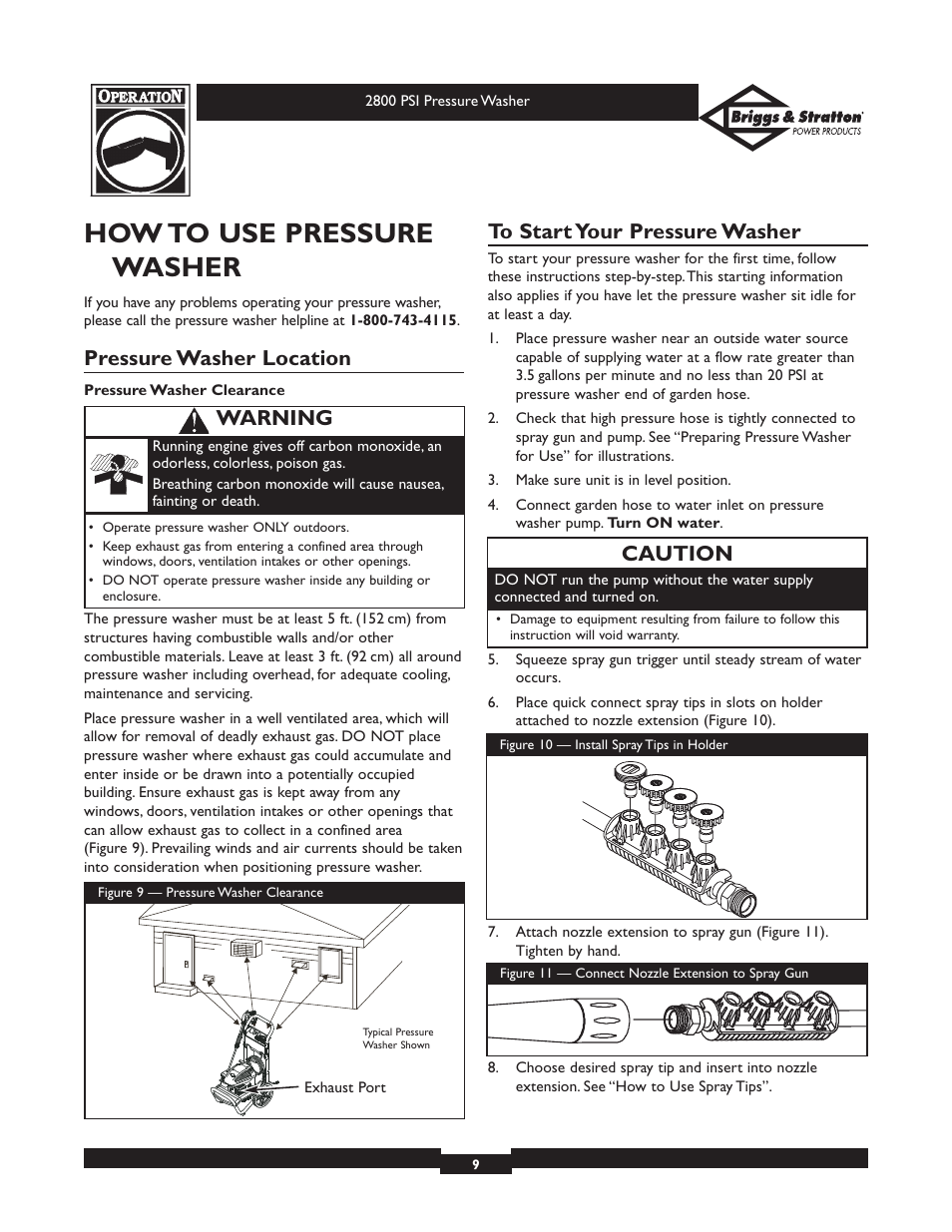 How to use pressure washer, Pressure washer location, Caution | Warning | Briggs & Stratton Elite 01937 User Manual | Page 9 / 36