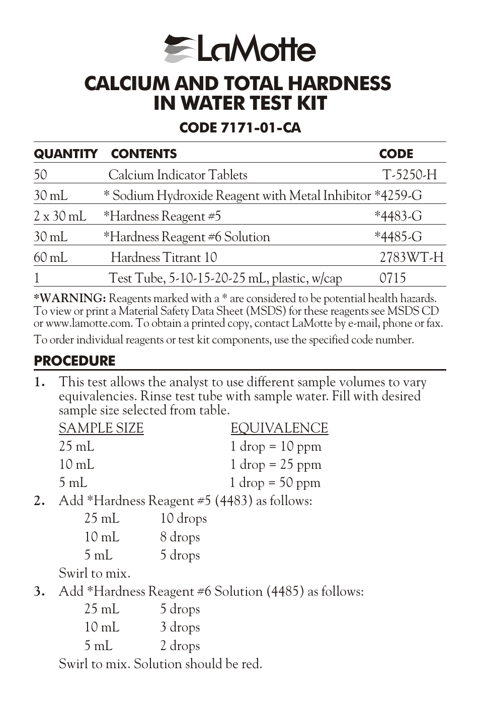 LaMotte CALCIUM AND TOTAL HARDNESS IN WATER TEST KIT User Manual | 4 pages