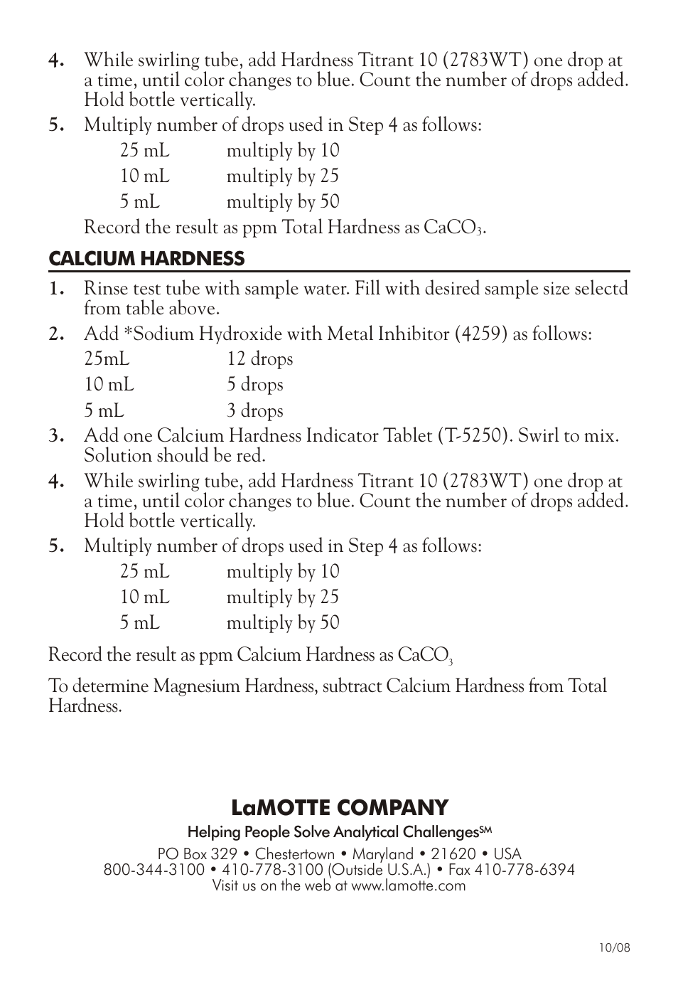 Lamotte com pany | LaMotte CALCIUM AND TOTAL HARDNESS IN WATER TEST KIT User Manual | Page 2 / 4