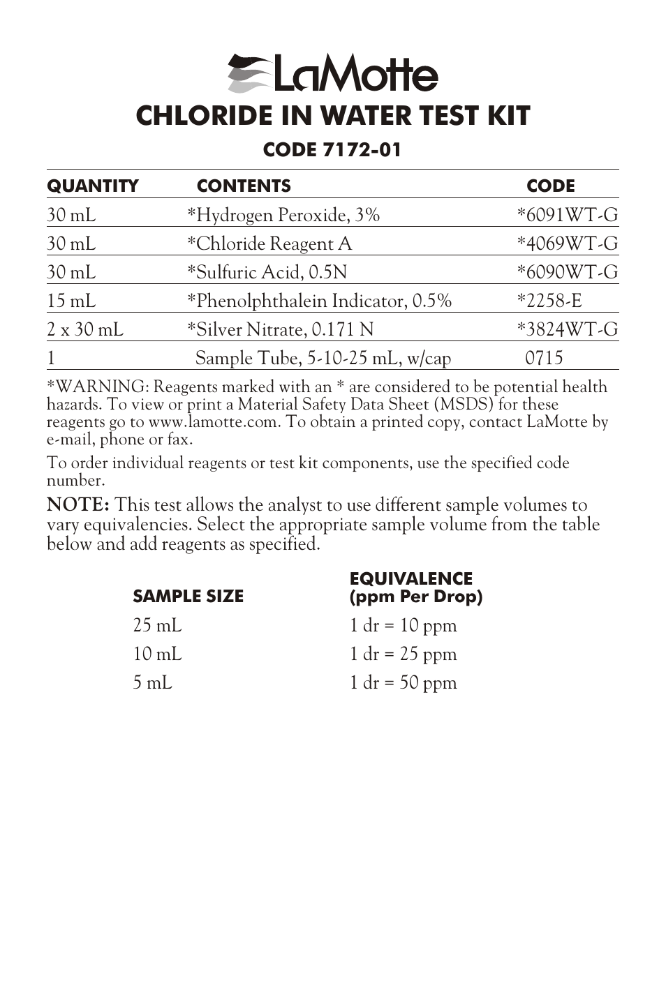 LaMotte CHLORIDE IN WATER TEST KIT User Manual | 4 pages