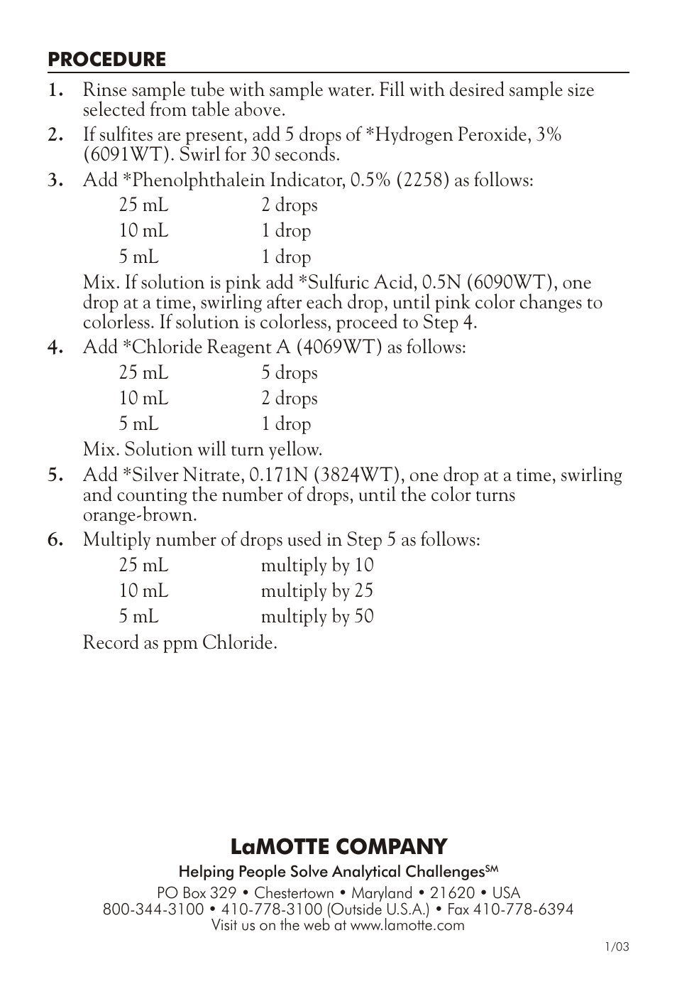 Lamotte com pany | LaMotte CHLORIDE IN WATER TEST KIT User Manual | Page 4 / 4