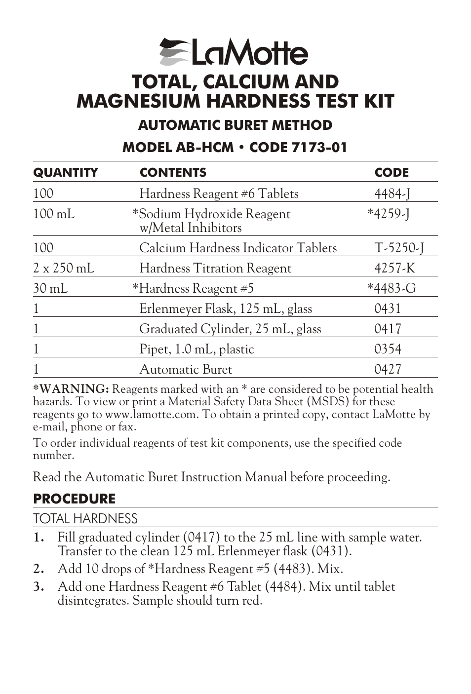 LaMotte MAGNESIUM HARDNESS TEST KIT AB-HCM User Manual | 2 pages