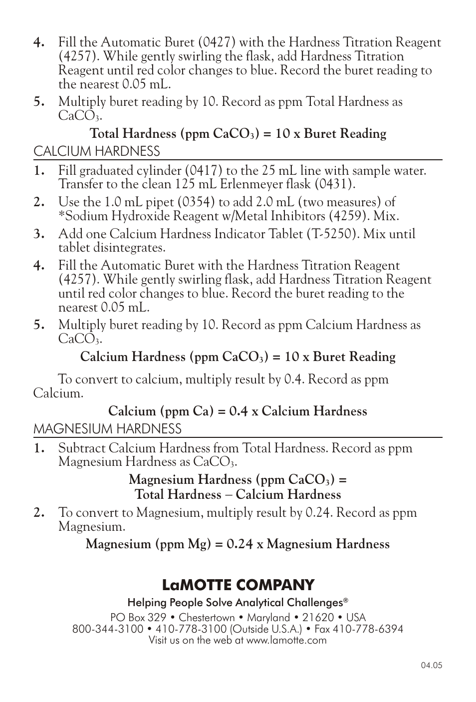 Lamotte com pany | LaMotte MAGNESIUM HARDNESS TEST KIT AB-HCM User Manual | Page 2 / 2