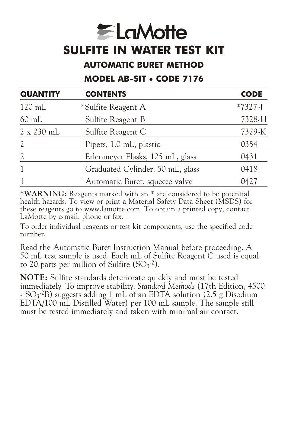 LaMotte SULFITE IN WATER TEST KIT AB-SIT User Manual | 2 pages