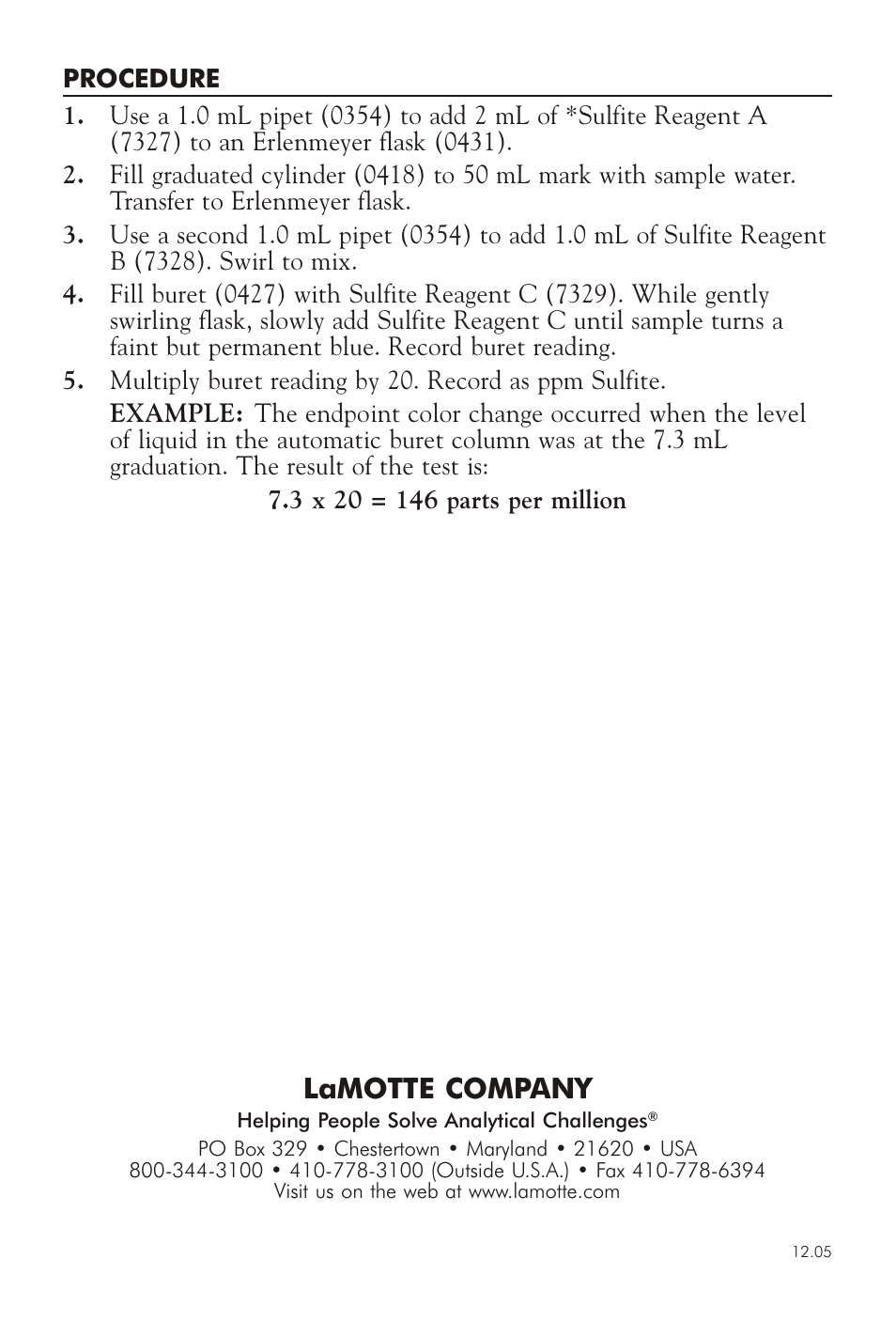Lamotte com pany | LaMotte SULFITE IN WATER TEST KIT AB-SIT User Manual | Page 2 / 2