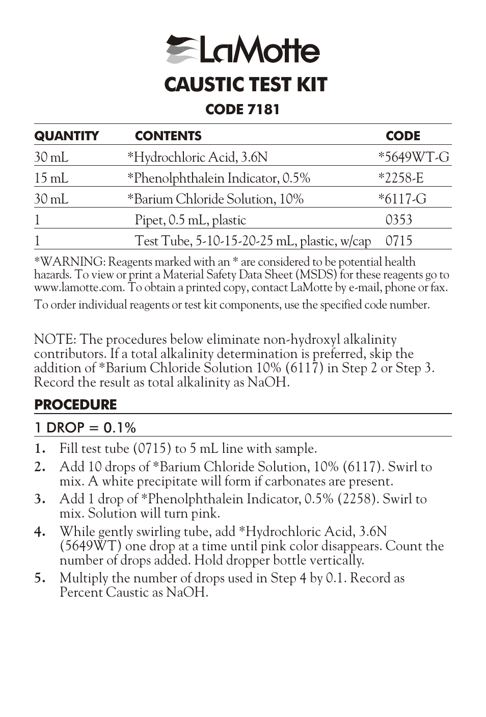 LaMotte CAUSTIC TEST KIT 7181 User Manual | 2 pages