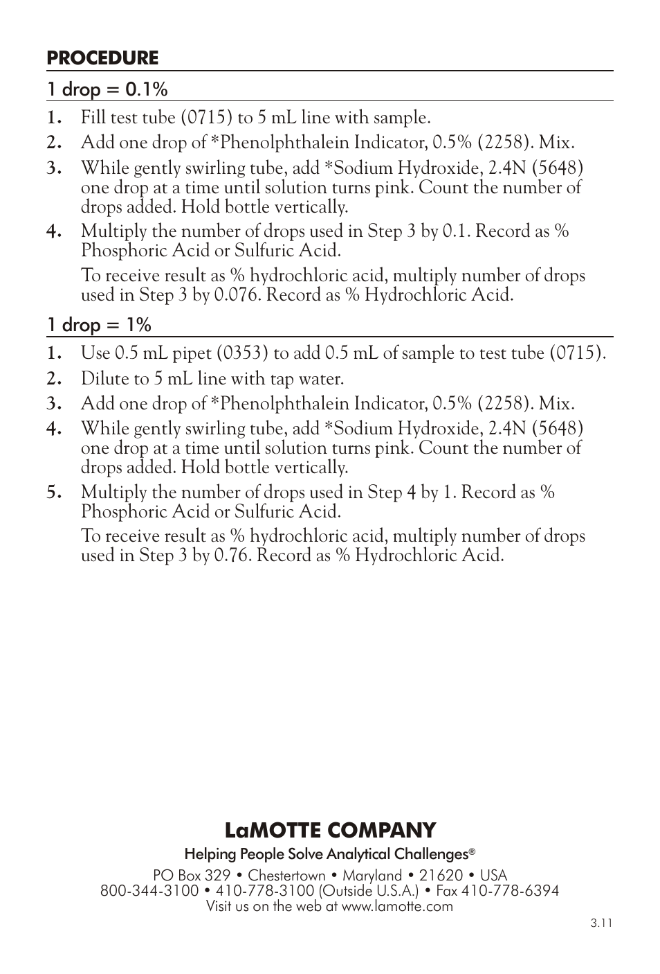 Lamotte com pany | LaMotte ACIDITY TEST KIT User Manual | Page 2 / 2