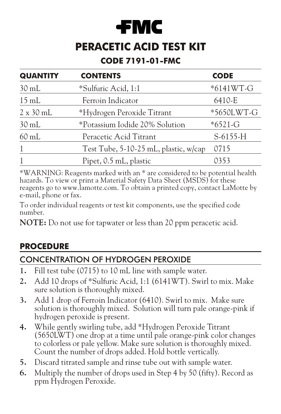 LaMotte PERACETIC ACID TEST KIT 7191-01-FMC User Manual | 2 pages