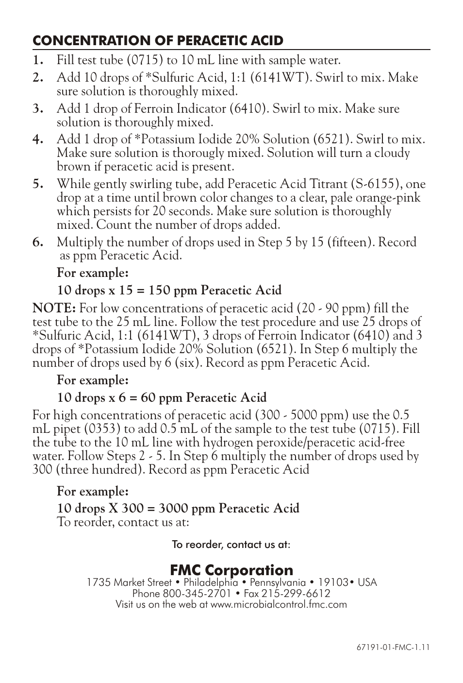 Fmc corporation | LaMotte PERACETIC ACID TEST KIT 7191-01-FMC User Manual | Page 2 / 2