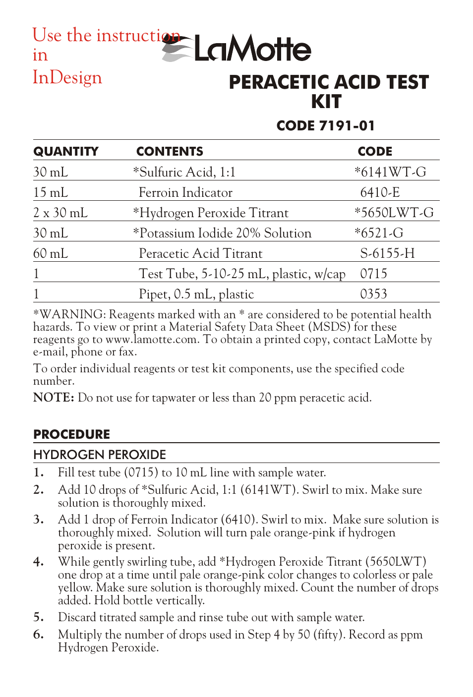 LaMotte PERACETIC ACID TEST KIT User Manual | 3 pages