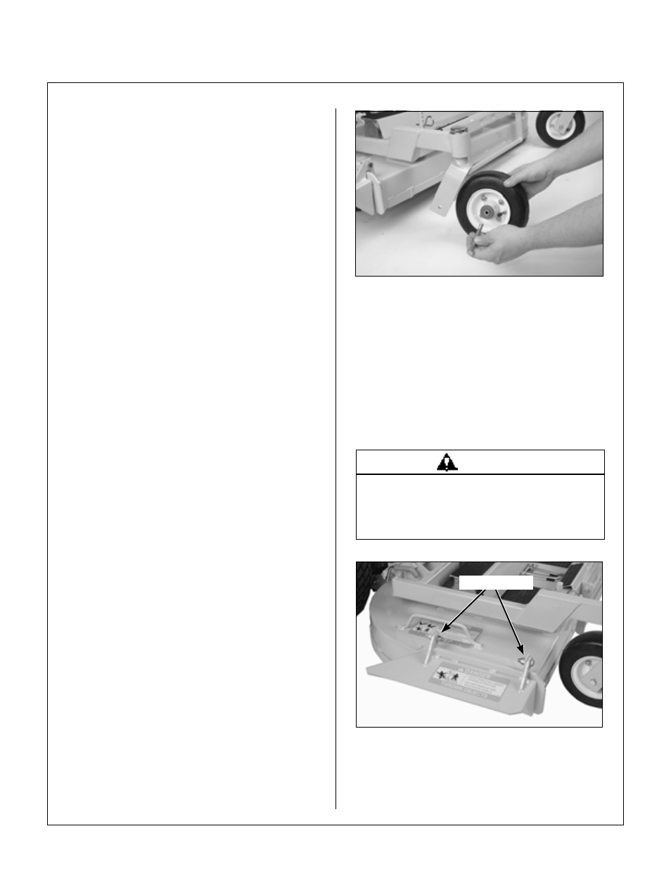 Assembly instructions, Setup instructions, Battery service | Mower deck assembly, Deck caster wheels installation, Deck caster wheel installation, Deck discharge shield installation | Briggs & Stratton MB (18 HP) User Manual | Page 19 / 76