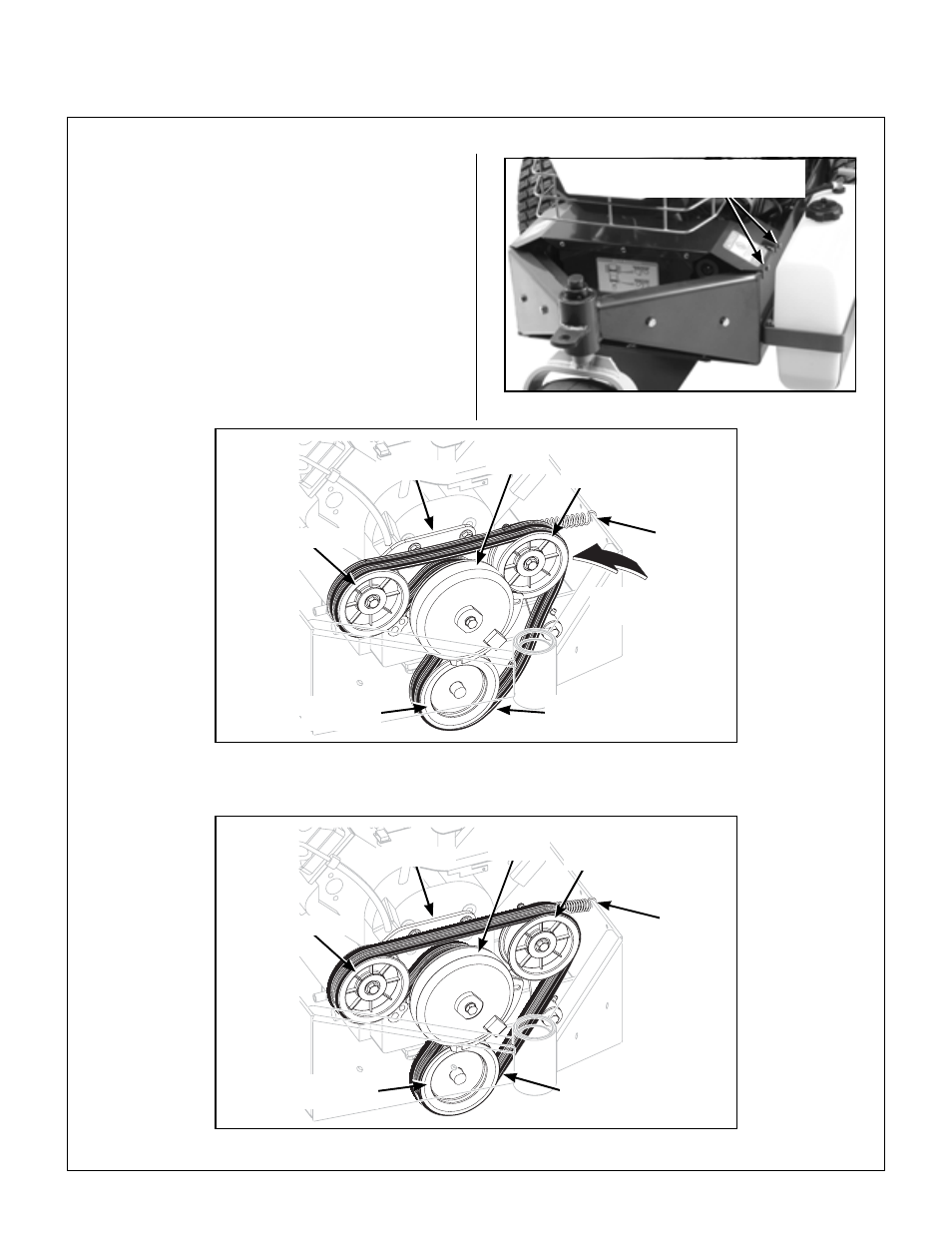 Engine/pto belt, Remove belt guard, Engine/pto belt (disengaged) | Engine/pto belt (engaged), Maintenance instructions | Briggs & Stratton MB (18 HP) User Manual | Page 49 / 76